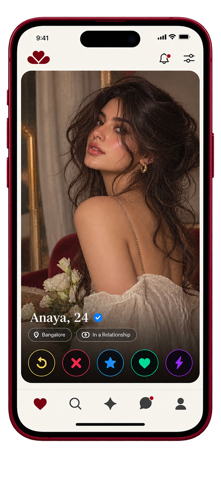 Dating app profile screen with a photo, name, and age